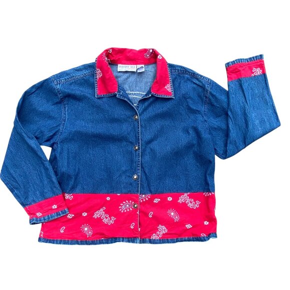 Vintage Denim Patchwork Red Bandana Jean Jacket Western Cowgirl Paisley Rodeo-XL - Picture 15 of 15